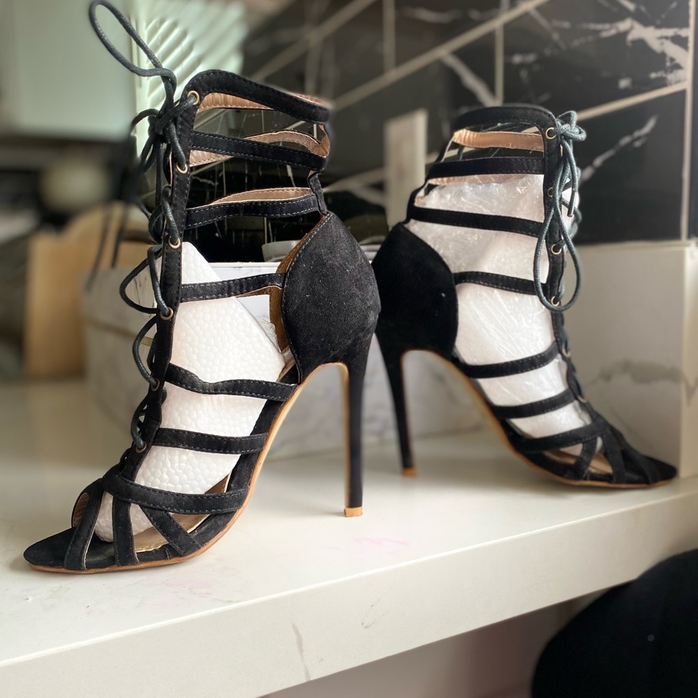 Elegant Black Lace-Up Stiletto Heels Party Dress Up Fancy Wedding Fashion